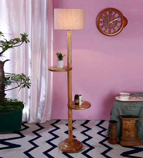 Grey Cotton Drum Wooden Floor Lamp