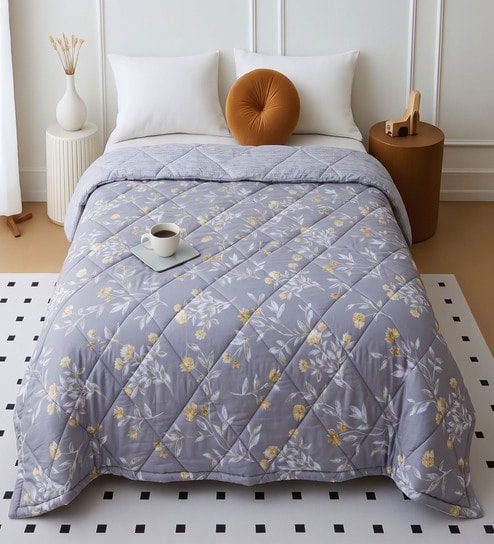 Grey Cotton Floral 350 GSM Double Bed Reversible Quilted Comforter