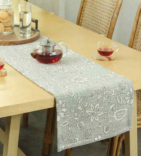 Grey Cotton Floral Table Runner