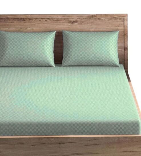 Green Cotton Jacquard 300TC checked Super King Bedsheet with 2 Pillow Covers