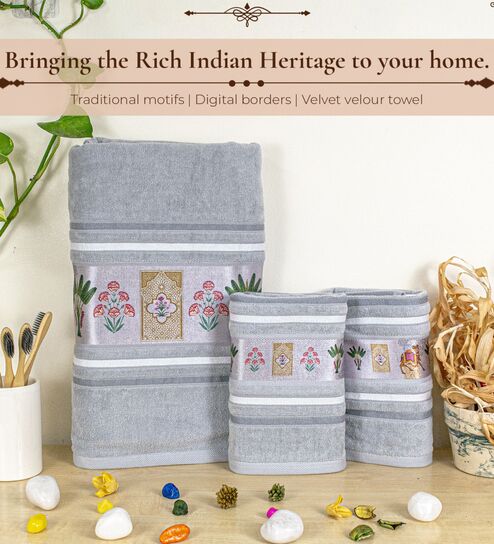 rangoli Grey Cotton Printed 460 GSM Bath & Hand Towels 3Pcs Bath And Hand Towels-picture-20