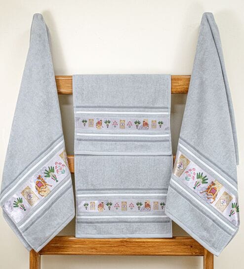 Grey Cotton Printed  460 GSM Bath & Hand Towels 4Pcs Bath And Hand Towels