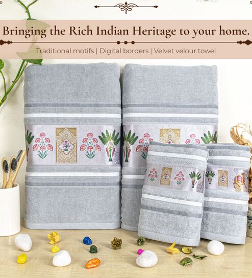rangoli Grey Cotton Printed 460 GSM Bath & Hand Towels 4Pcs Bath And Hand Towels-picture-40