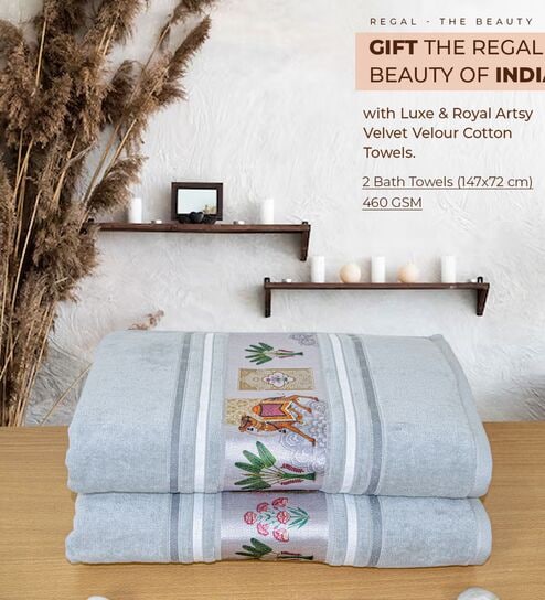 rangoli Grey Cotton Printed 460 GSM Bath Towels Pack of 2-picture-38