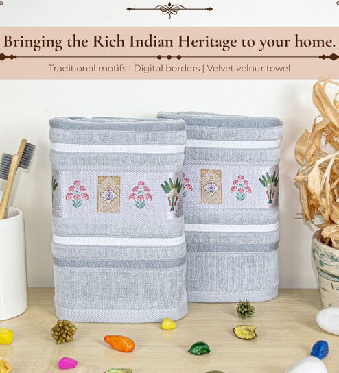 rangoli Grey Cotton Printed 460 GSM Hand Towels Pack of 2-picture-15