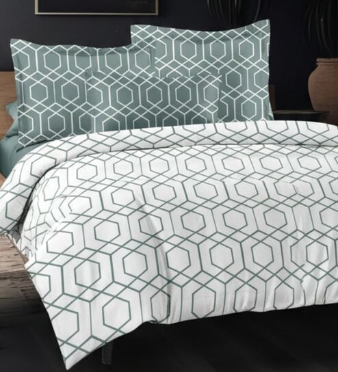 Green Cotton Pritned 300TC Super King Bedsheet with 2 Coordinate Pillow Covers