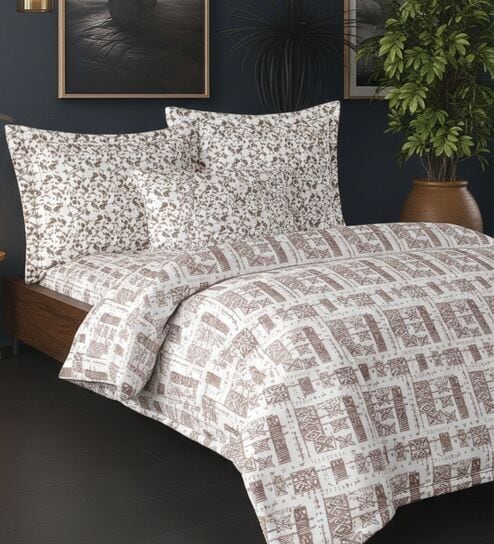 Grey Cotton Pritned 300TC Super King Bedsheet with 2 Coordinate Pillow Covers