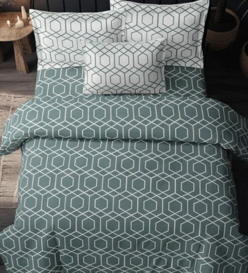 Green Cotton Pritned 300TC Super King Bedsheet with 2 Coordinate Pillow Covers