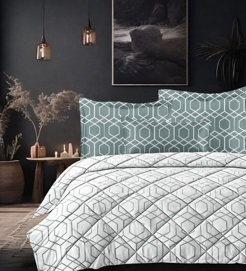 Green Cotton 210TC Printed All Weather Double 150GSM Bedding Set 1 Comforter 1 Bedsheet 2 Pillow Covers