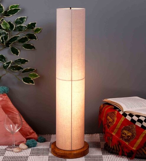 Grey Cotton Shade Column Floor Lamp With Wood Base By New Era