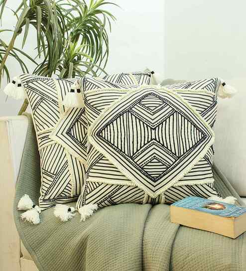 Grey Cotton Woven 16x16 inches Cushion Cover Set of 2