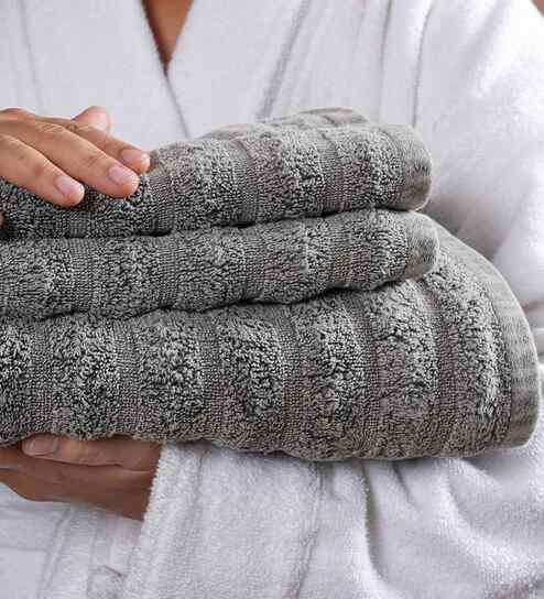 Grey Cotton Solid 550 GSM Bath & Hand Towel Set (3Pc)