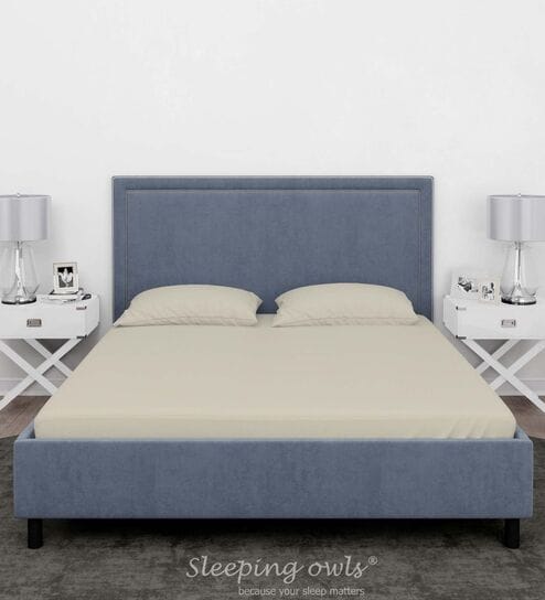 Cream Cotton Solid Finest 300TC Plain Super King Bedsheet with 2 Pillow Covers