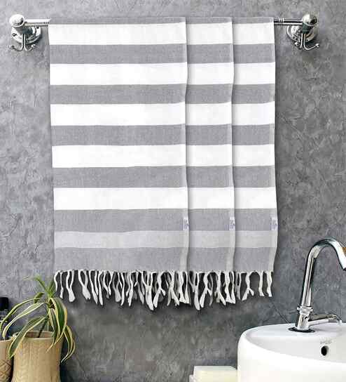 Grey Cotton Striped 225 GSM Bath Towels Pack of 3
