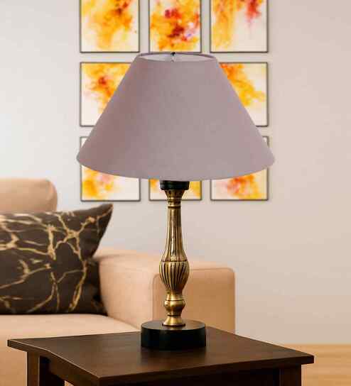 Grey Cotton Table Lamp With  Metal & Wood  Base 10X15 Inches