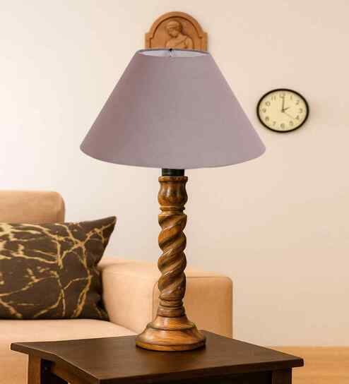 Grey Cotton Table Lamp With  Wood  Base 10X19 Inches