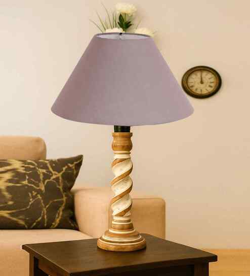 Grey Cotton Table Lamp With  Wood  Base 10X19 Inches