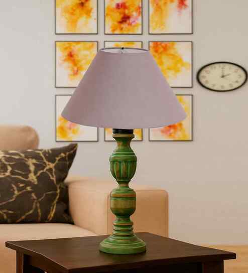 Grey Cotton Table Lamp With  Wood  Base 10X19 Inches