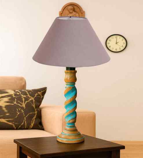 Grey Cotton Table Lamp With  Wood  Base 10X19 Inches