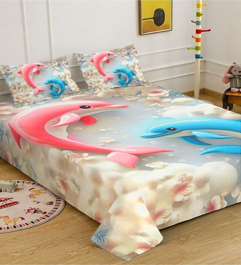 Grey Digital Animal Printed Cotton Blend Double Bedsheet with 2 Pillow Covers