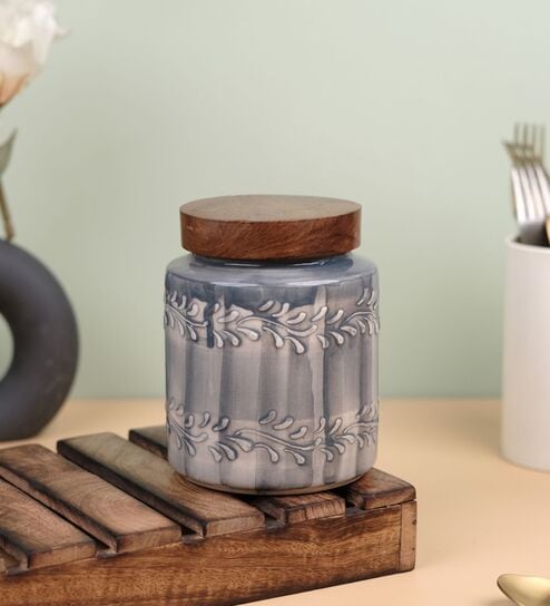 Grey Embossed Ceramic Air Tight Jar with Wooden Lid