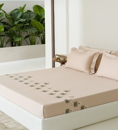 Grey Embroidered 210 TC Cotton King Sized Bedsheet with 2 Pillow Covers