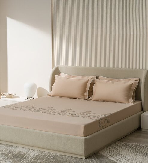 Grey Embroidered 210 TC Cotton King Sized Bedsheet with 2 Pillow Covers