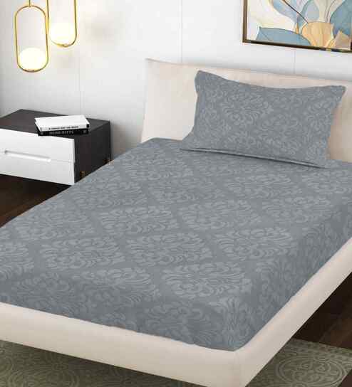 Grey Ethnic 300 TC Cotton Blend Embossed Single Bedsheet with 1 Pillow Cover