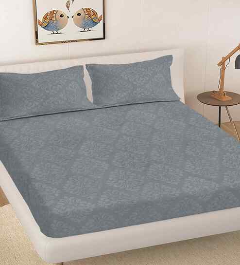 Grey Ethnic 300 TC Cotton Blend King Size Embossed Double Bedsheet with 2 Pillow Covers