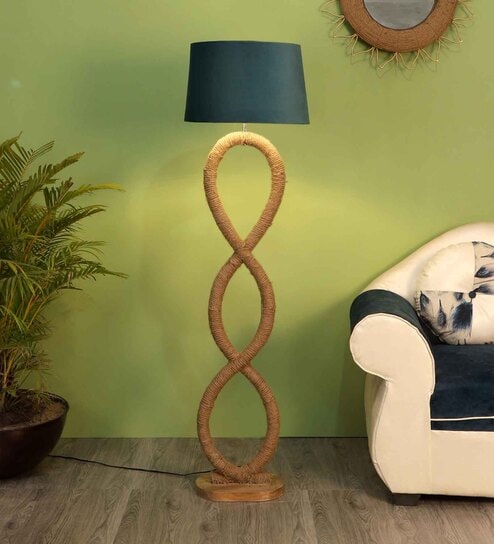 Joshaphus Grey Fabric Shade Club Floor Lamp With Wood Base