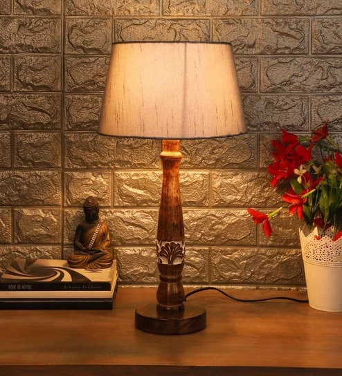 Grey Fabric Shade Table Lamp with White and Brown Base by Foziq
