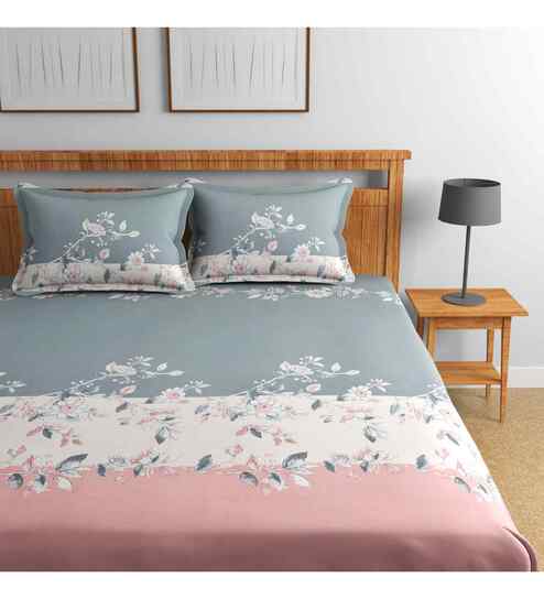 Grey Floral 144 TC Cotton Queen Sized Bedsheet Bedsheet 2 Pillow Rose Collection