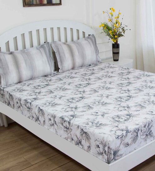 Grey Floral 144 TC Cotton Queen Sized Bed Sheets with 2 Pillow Covers by GM Fabrics
