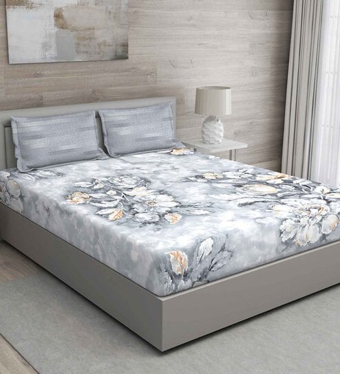 Grey Floral 144 TC Cotton Queen Sized Bed Sheets with 2 Pillow Covers by GM Fabrics