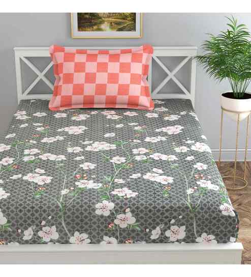Grey Floral 144 TC Cotton Single Bed Sheet Bedsheet 1 Pillow Prime Collection