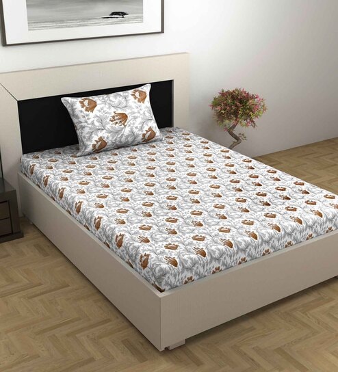 Grey Floral 144 TC Cotton Single Bedsheet With 1 Pillow Cover