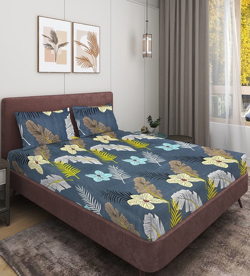 Grey Floral 144 TC Glace Cotton Queen Sized Double Bedsheet with 2 Pillow Covers
