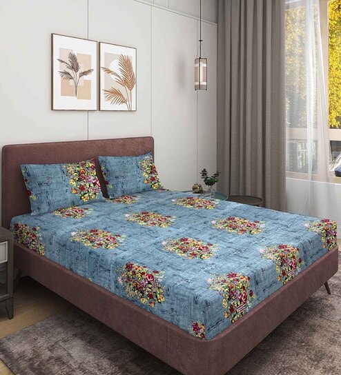 Grey Floral 144 TC Microfiber Double Sized Bedsheet With 2 Pillow Covers