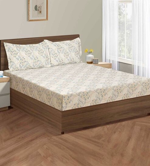 Grey Floral 160 TC Cotton Fitted Double Bedsheet with 2 pillow cover
