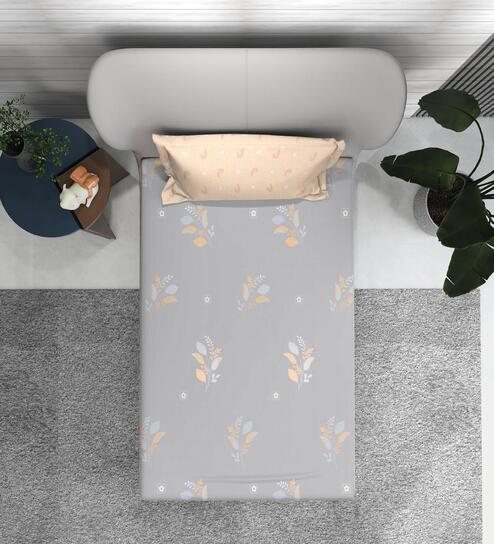 Grey Floral 160 TC Microfiber Single Sized Bedsheet with 1 Pillow Cover Petal Harmony Collection