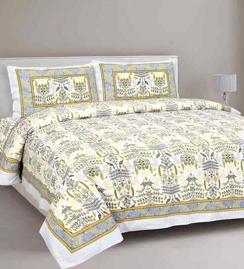 Grey Floral 180 TC Cotton  King Sized Bedsheet with 2 Pillow Covers