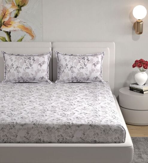 Grey Floral 180 TC Cotton King Bedhseet 2 pillow covers