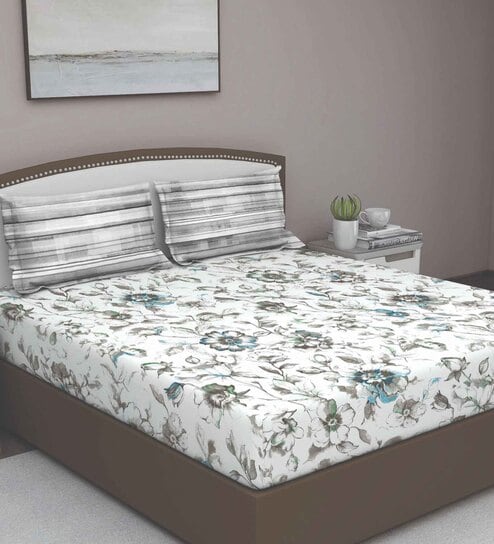 Grey Floral 180 TC Cotton Queen Sized Bed Sheets with 2 Pillow Covers by GM Fabrics
