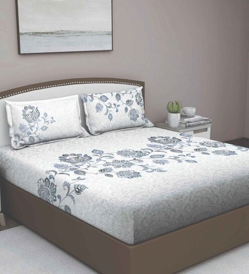 Grey Floral 180 TC Cotton Queen Sized Bed Sheets with 2 Pillow Covers by GM Fabrics