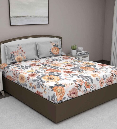 Grey Floral 180 TC Cotton Queen Sized Bed Sheets with 2 Pillow Covers by GM Fabrics