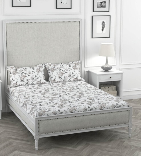 Grey Floral 200 TC 100% Cotton Double Bedsheet With 2 Pillow Covers Solana Collection By Rosarahome