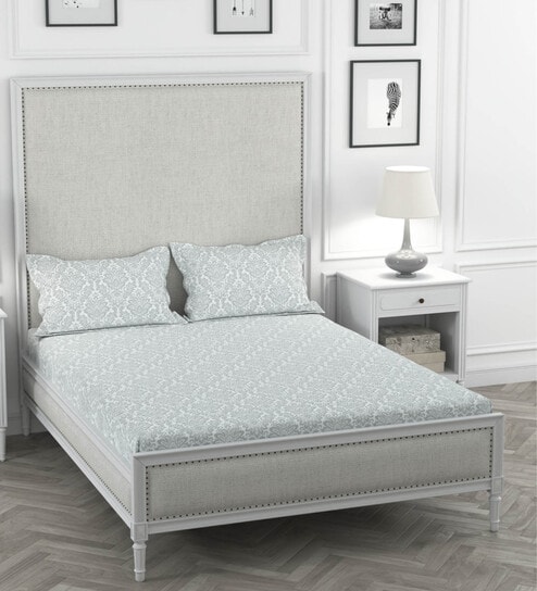 Grey Floral 200 TC 100% Cotton King Sized Bedsheet With 2 Pillow Covers Solana Collection
