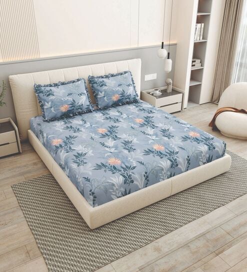 Blue Floral 260 Tc Polycotton King Fitted Bedsheet With 2 Pillow Covers