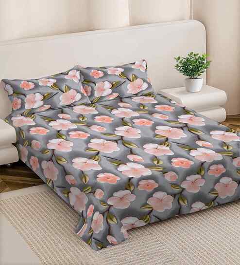 Grey Floral 300 TC Cotton Blend 7D King Size Double Bedsheet with 2 Pillow Covers