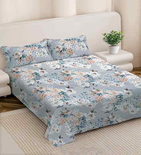Grey Floral 300 TC Cotton Blend King Size Double Bedsheet with 2 Pillow Covers